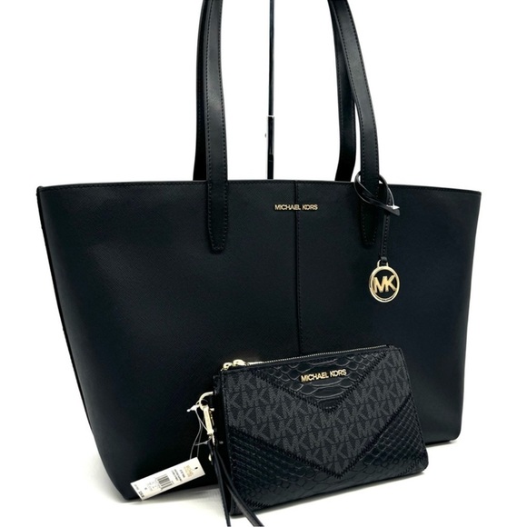 Michael Kors Medium Jet Set Travel Zip Tote Bag & Double Zip Wallet Black/Gold - Picture 3 of 13